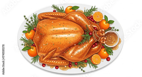 Roasted turkey on a platter, garnished with oranges, cranberries, and rosemary. Gravy is served in a small bowl.