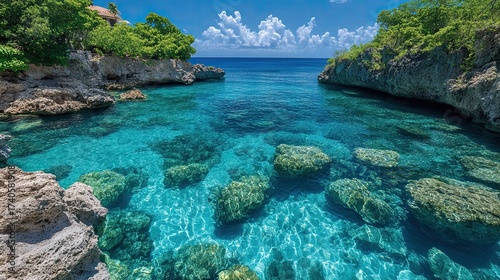 Serene Tropical Paradise Cove with Crystal Clear Ocean Water.