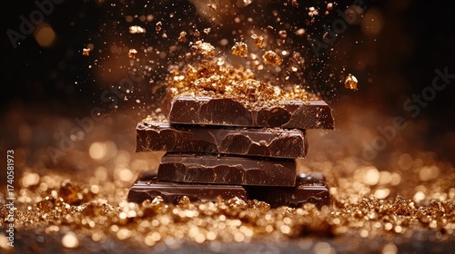 Decadent stack of dark chocolate with a golden dust explosion.