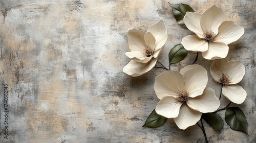 Elegant sculpted magnolia flowers on a distressed textured background.