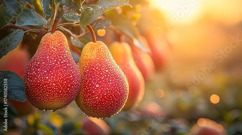Fresh Ripe Red Pears Hanging on a Tree in an Orchard at Sunset.