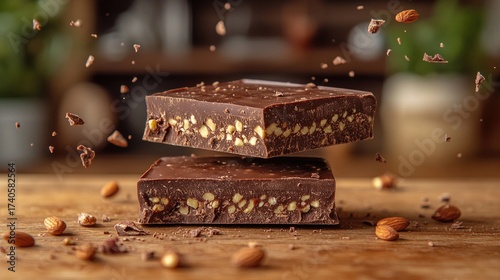 Dynamic action shot of stacked chocolate almond energy bars with flying nuts on a rustic wooden table.