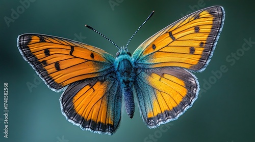 A detailed close up of a beautiful orange and blue butterfly.