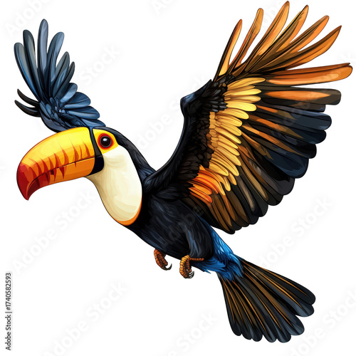 Illustration of a toucan isolated on transparent background, showcasing its vibrant plumage, large beak, and dynamic pose, capturing the essence of tropical wildlife