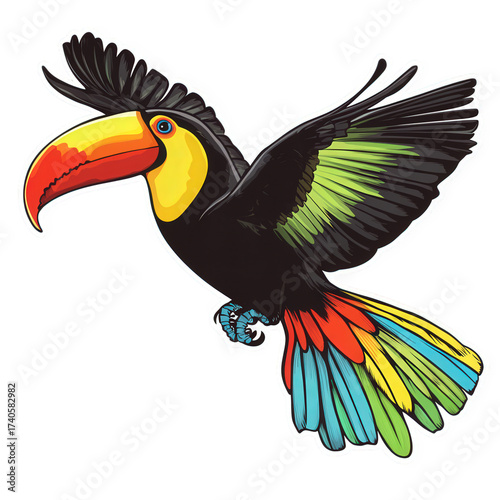 Colorful toucan illustration isolated on transparent background, showcasing its distinctive beak, vibrant plumage, and dynamic pose, capturing the essence of tropical wildlife