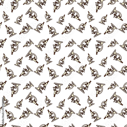 doodle pattern of microscope with a light gray body, a cream-colored base and main tube, and dark brown accents for the stage, objective lenses, and adjustment knobs, all outlined in dark brown