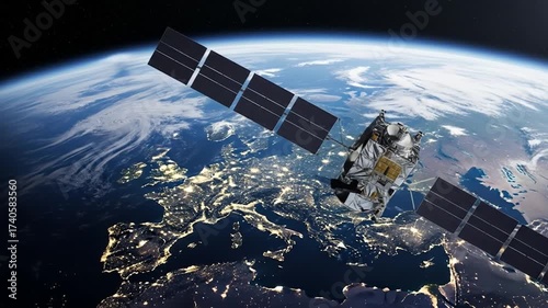 Futuristic satellite orbiting earth with lights, a digital high-resolution simulation of global