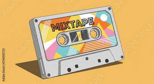 A retro illustration of a cassette tape, featuring the word "Mixtape" on its label.