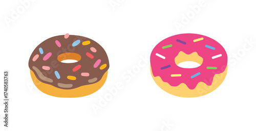 Colorful Donuts with Sprinkles Vector Illustration, Chocolate and Strawberry Glazed Doughnuts, Sweet Dessert Food Icon, Cartoon Bakery Clipart for Café and Pastry Design.