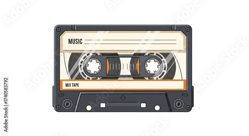 A close-up illustration of a retro audio cassette tape, showing its internal components.