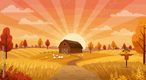 Autumn Farm Landscape A Serene Rural Scene with Barn, Fields, and Golden Sunset