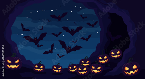 Halloween Night Bats, Pumpkins, and Dark Cave