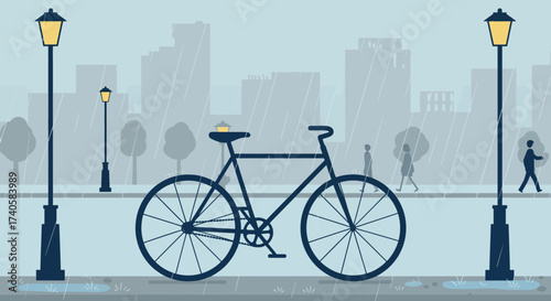 A Bike in the Rain Urban Commute Illustration