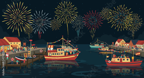 Festive Fireworks Display Over a Quaint Harbor Town with Decorated Boats