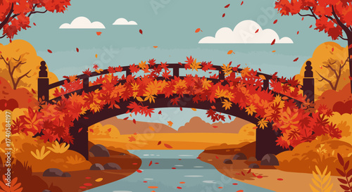 Autumn Serenity A Bridge Adorned with Vibrant Leaves Over Still Water