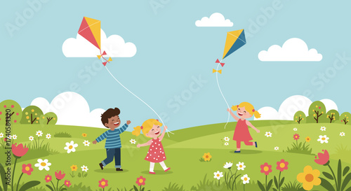 Children Playfully Flying Kites in a Vibrant Meadow