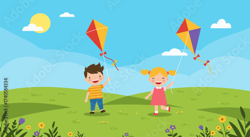Happy Children Playing Kites in a Sunny Meadow A Cheerful Day of Outdoor Fun