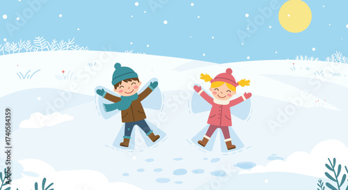 Winter Fun Children Making Snow Angels in a Snowy Landscape