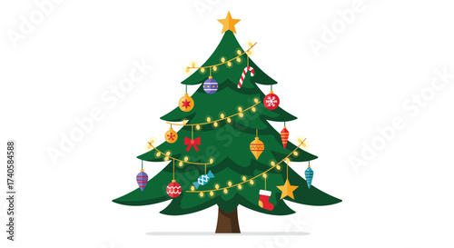 Festive Christmas Tree with Colorful Ornaments and a Bright Star on Top
