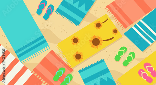 Beach Day Flat Lay with Towels and Flip Flops A Cheerful Vacation Scene