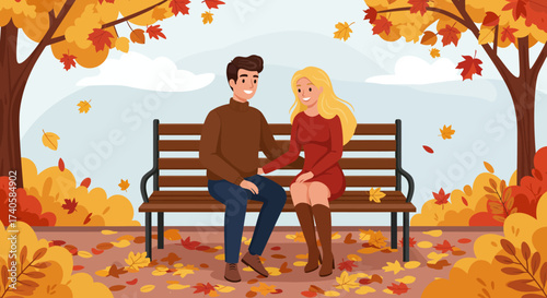 Autumn Romance Couple Enjoying Fall Foliage on a Bench
