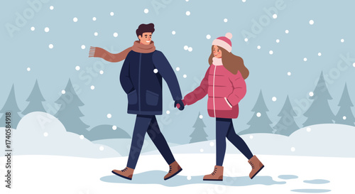 Winter Romance Couple Strolling in a Snowy Landscape Illustration