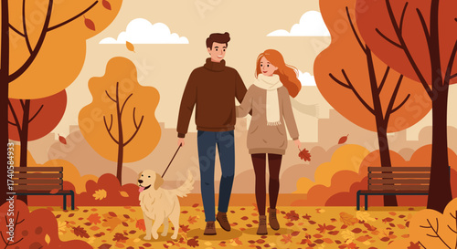 Couple Walking Golden Retriever in Autumn Park with Falling Leaves and Benches