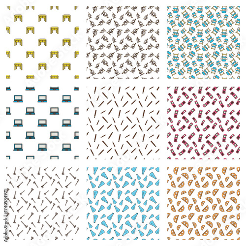 doodle pattern set of school supplies with item of table, microscope, chair, laptop, pen, projector, caliper, measuring cup, protractor