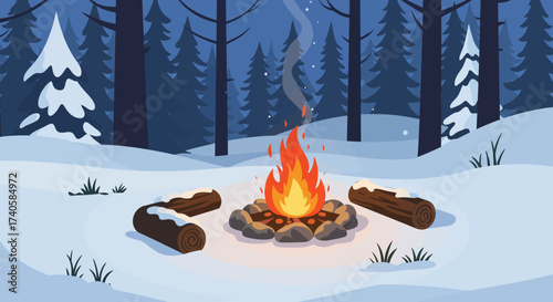 Campfire in a Snowy Forest Illustration