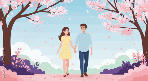 A couple walking hand in hand under the cherry blossom trees in Spring season