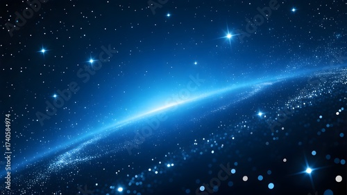 A person with light skin is on an expanse of water surrounded by stars