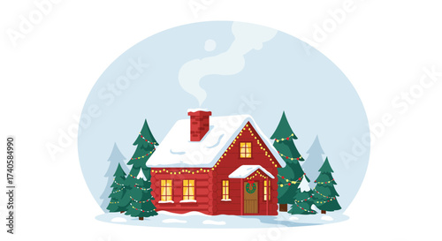 Cozy Christmas House Illustration Winter Holiday Scene with Snow and Evergreen Trees