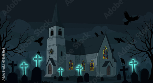 Eerie Church Graveyard Scene with Ravens and Glowing Crosses Illustration