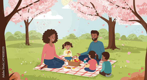 Family Picnic Under Blooming Cherry Trees A Spring Day in the Park