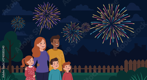Family Celebrates with Fireworks Display in the Night Sky