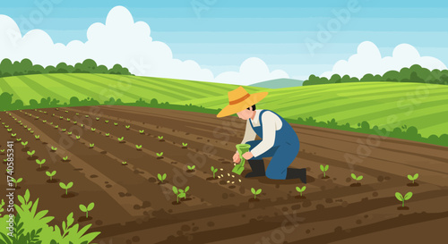 Farmer Planting Crops in Field under Cloudy Sky, Agriculture Concept