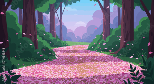 Serene Forest Path Covered in Pink Petals Illustration