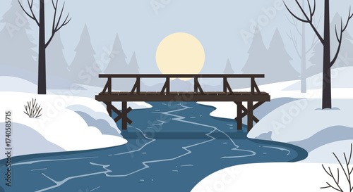 Winter Serenity A Snowy Landscape with Bridge Over a Frozen River