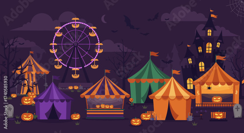 Spooky Carnival Ferris Wheel and Haunted House at a Halloween Fair