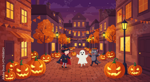 Halloween Night Celebration with Children in Costumes among Pumpkins and Street Lamps