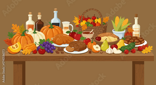 A Bountiful Harvest Thanksgiving Feast on a Wooden Table with Autumnal Delights