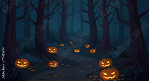 Spooky Path of Jack-o'-Lanterns in a Dark Forest for Halloween