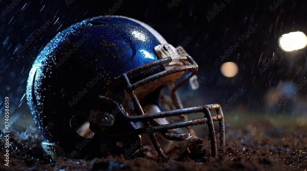 Naklejka premium Football helmet in the rain