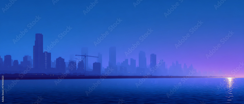 Fototapeta premium City skyline at dusk with tall buildings silhouetted against a purple and blue sky, reflecting on calm water in the foreground
