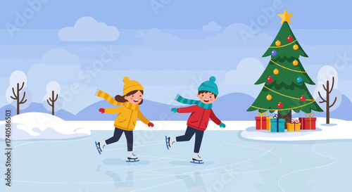 Winter Fun Cheerful Kids Ice Skating Near a Christmas Tree on a Snowy Day