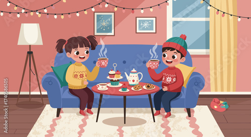 Cozy Winter Tea Party Children Enjoying Treats Together