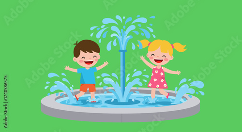 Children Enjoying Water Fun at the Fountain on a Green Background