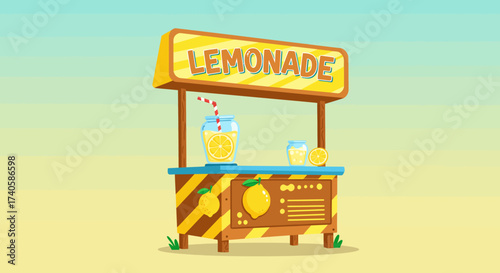 Cartoon Lemonade Stand with a Jar, Glass, and Fresh Lemon on a Striped Tablecloth