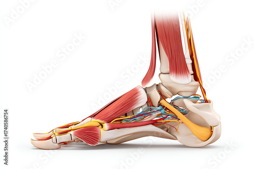 Detailed anatomical illustration of the human foot showing bones, muscles, tendons, nerves, and blood vessels from a lateral side view
