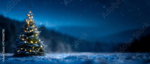 A lone Christmas tree decorated with warm white lights stands in a snowy field under a dark, starry sky with distant mountains blurred in the background